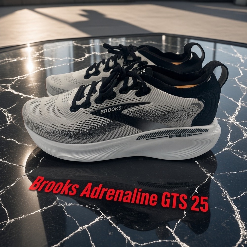Brooks Adrenaline GTS 25 Mens 10.5 Wide 2E White Black Running Shoes 1104542E189
